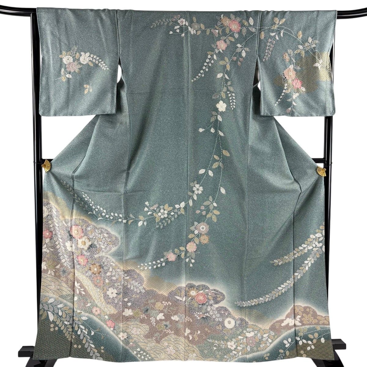 美品】 訪問着 身丈163cm 裄丈66cm M 袷 雲文 草花 金通し 金彩 灰緑