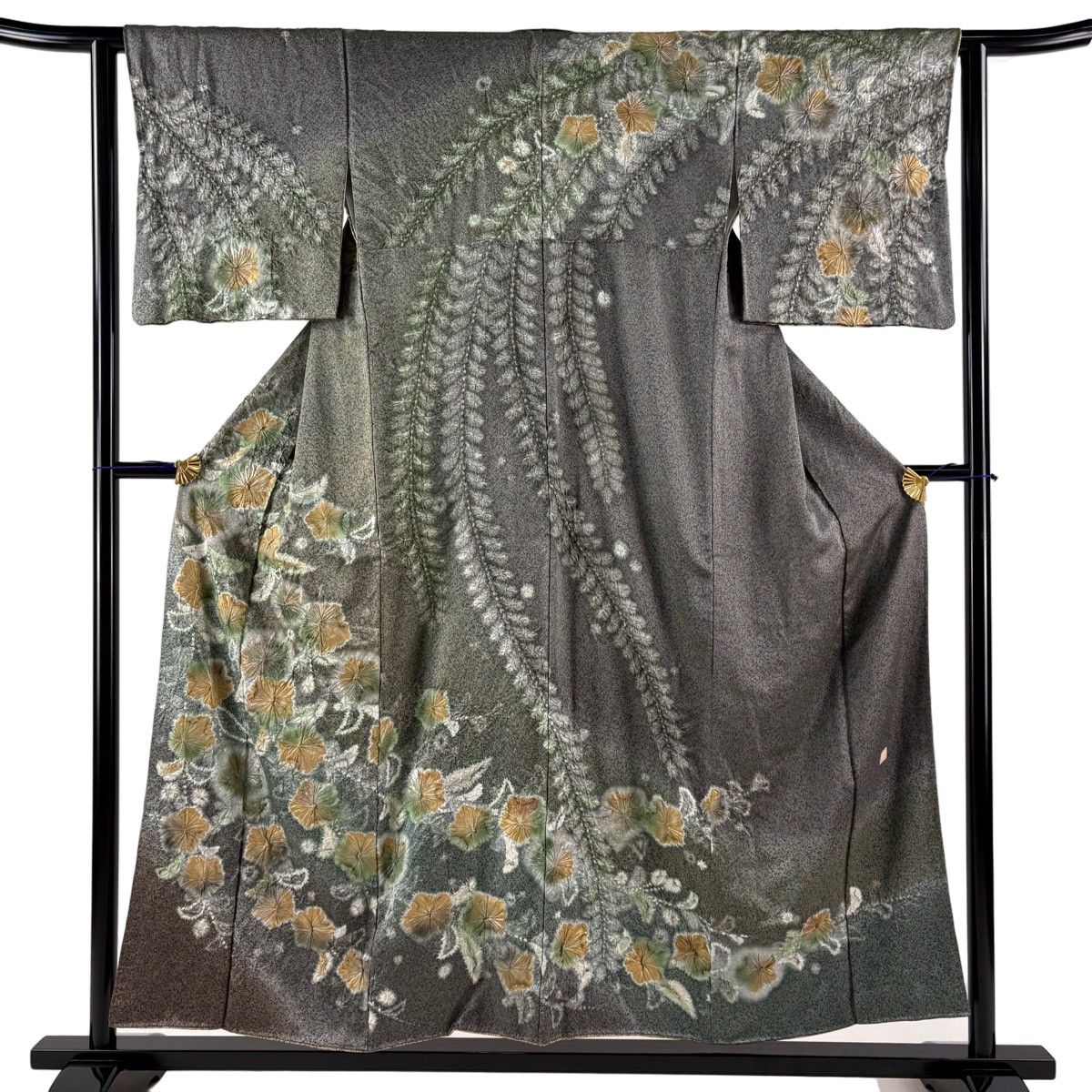 美品】 訪問着 身丈154cm 裄丈62cm S 袷 落款 草花 絞り 金銀彩 灰緑