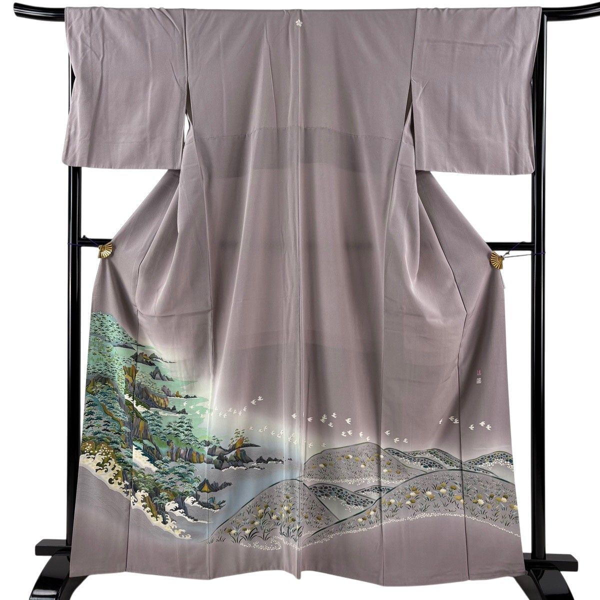 色留袖 身丈163cm 裄丈66cm M 袷 松本健一 落款 風景 鳥 灰紫 正絹 名品 一つ紋 【中古】