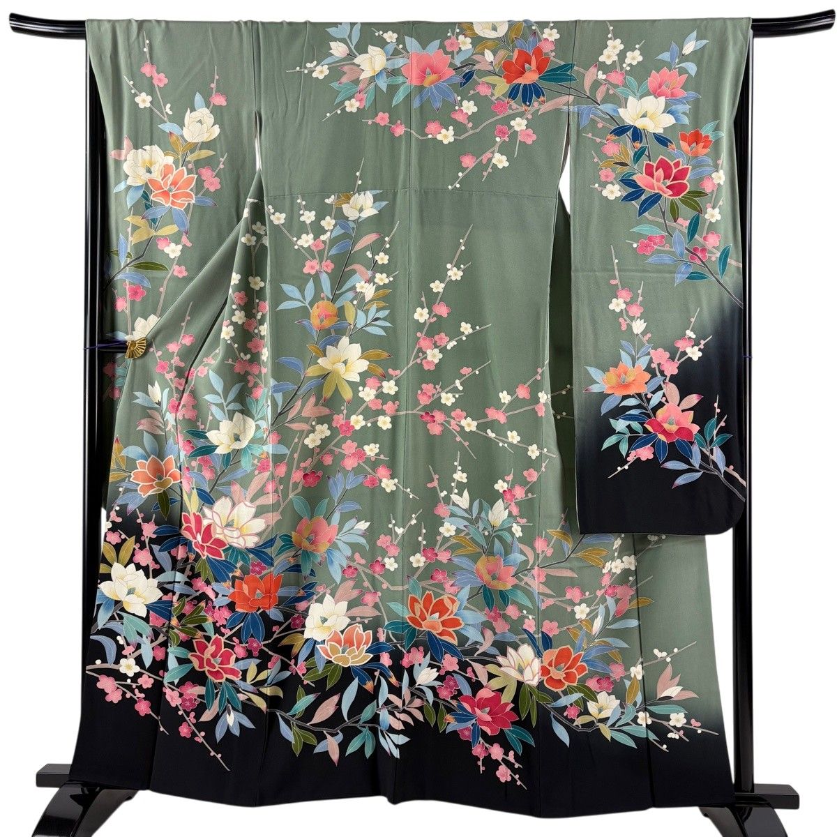 振袖 身丈159.5cm 裄丈64.5cm M 袷 落款 枝梅 草花 染め分け ぼかし 灰緑 正絹 名品 【中古】