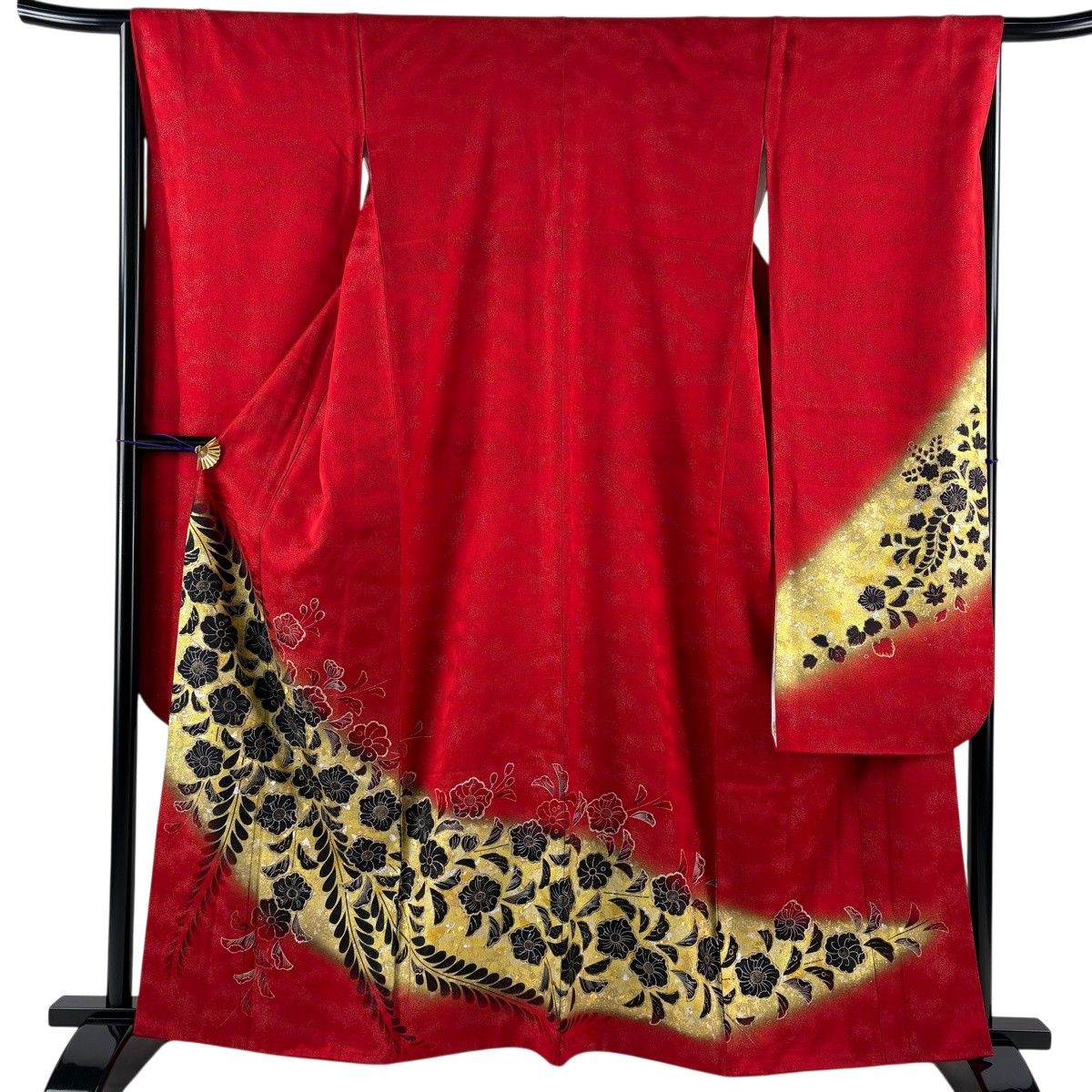 振袖 身丈161.5cm 裄丈66cm M 袷 鈴乃屋 草花 金通し 金銀彩 赤 正絹 名品 【中古】