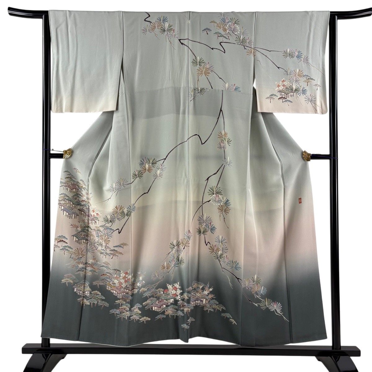 訪問着 身丈154cm 裄丈63cm S 袷 落款 家屋 松梅 ぼかし 灰色 正絹 名品 一つ紋 【中古】