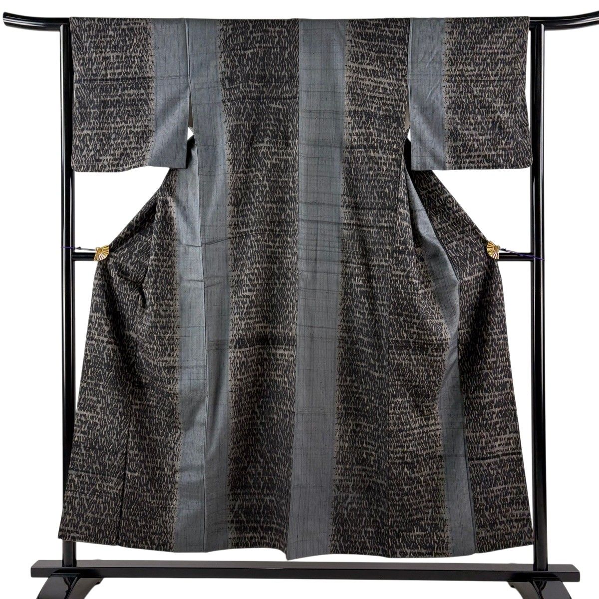 小紋 身丈152cm 裄丈63cm S 袷 紬地 幾何学模様 灰色 正絹 名品 【中古】