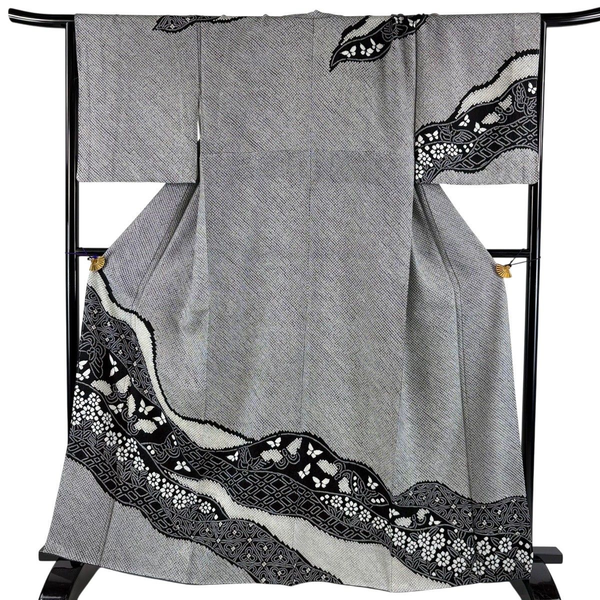 美品】 訪問着 身丈165cm 裄丈68cm L 袷 蝶 草花 総絞り 黒灰 正絹 秀