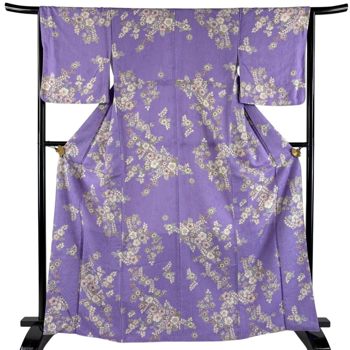 【美品】 小紋 身丈166cm 裄丈64.5cm M 袷 洗える着物 辻が花柄 地紋 紫 化繊 秀品 【中古】