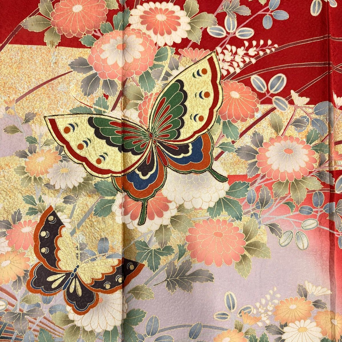 振袖 身丈157cm 裄丈65cm M 袷 蝶 菊 金糸 金銀彩 赤 正絹 秀品 【中古