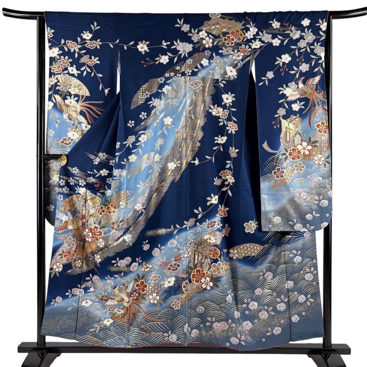 振袖単品✨紺色　枝垂れ桜　銀通し地　（身丈155cm〜165cmの方おすすめ） 美品】 振袖 身丈155cm 裄丈64cm M 袷 御所車 桜 金糸 金銀彩 紺色