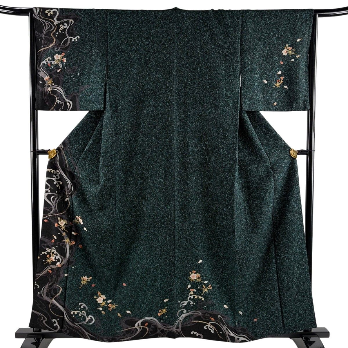 訪問着 身丈159cm 裄丈65cm M 袷 桜 流水 金彩 緑 正絹 秀品 【中古
