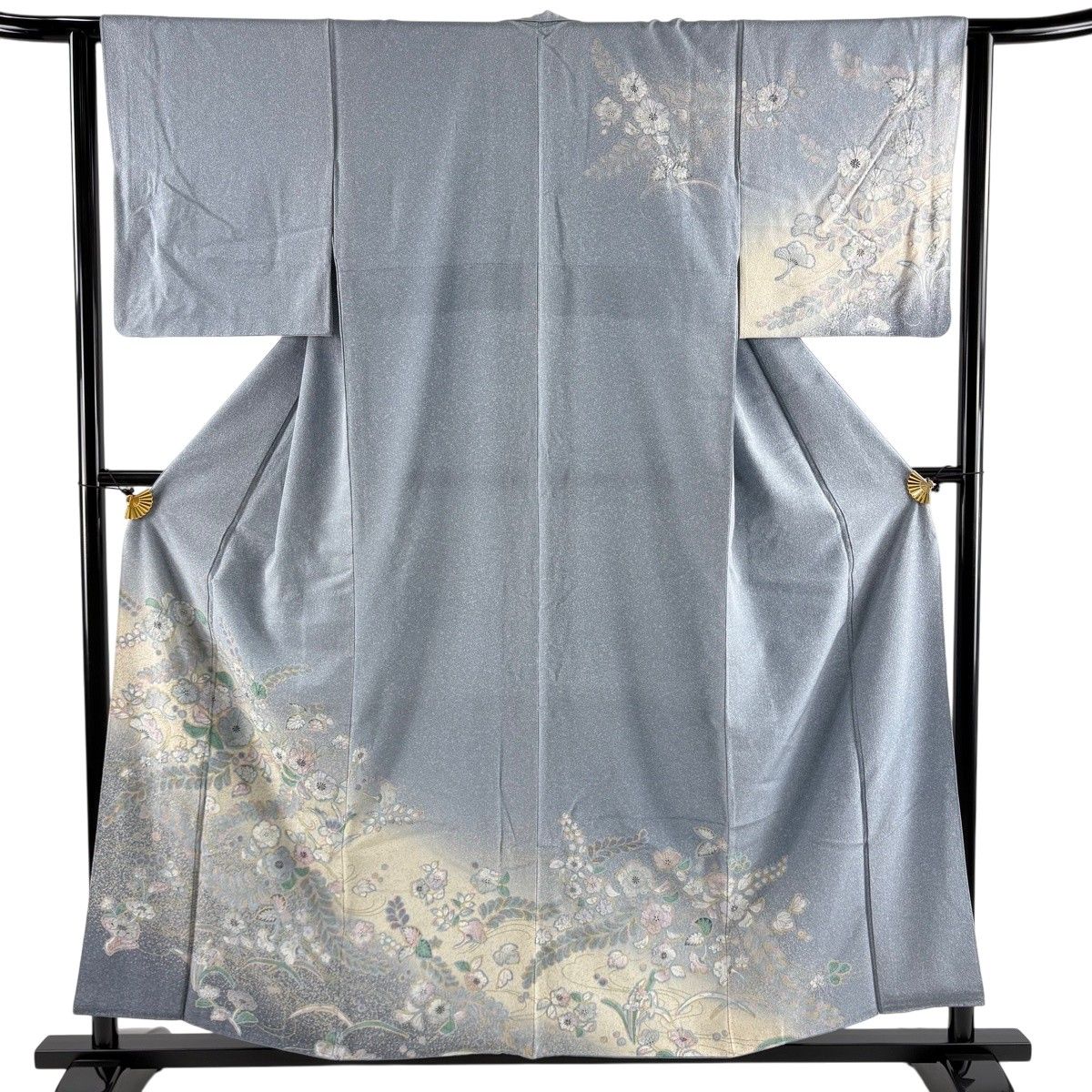 訪問着 身丈156.5cm 裄丈62.5cm S 袷 辻が花 金銀彩 ぼかし 青灰色 正絹 秀品 【中古】