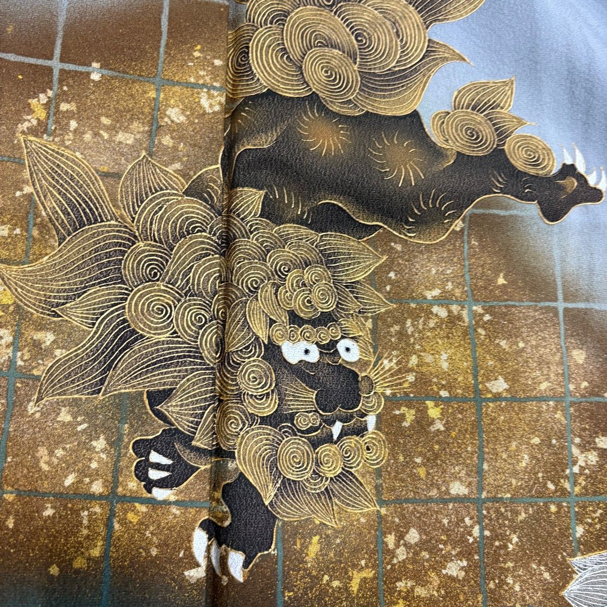 色留袖 身丈157cm 裄丈63.5cm S 袷 落款 唐獅子 金銀彩 青灰色 正絹 秀
