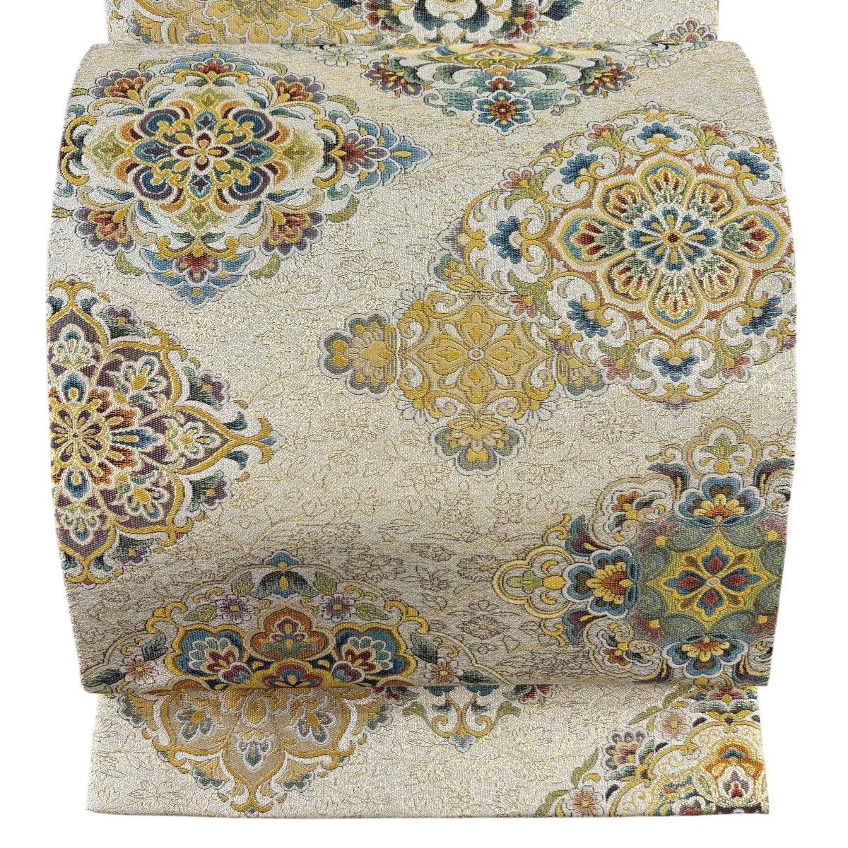 【美品】 丸帯 逸品 東海道花鳥文 人物 金糸 箔 灰茶 全通 正絹 【中古】