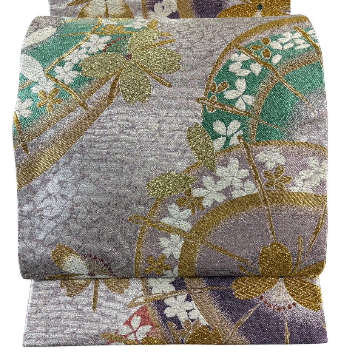 美品】 袋帯 秀品 振袖向き 夢桜 桜 花びら 金銀糸 箔 薄紫 六通 正絹