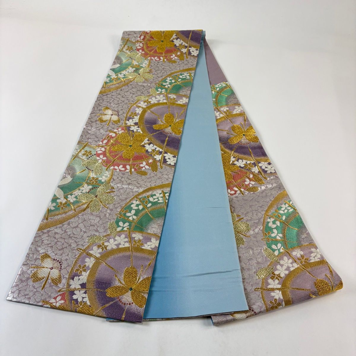 振袖帯　桜　花びら　縦縞　金糸　銀糸　袋帯　着物　123b d ms 美品】 袋帯 秀品 振袖向き 夢桜 桜 花びら 金銀糸 箔 薄紫 六通 正絹