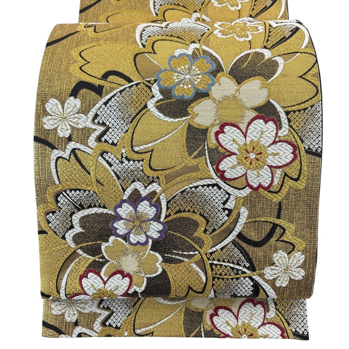 美品】 袋帯 秀品 振袖向き 桜 金糸 唐織 金色 六通 正絹 【中古