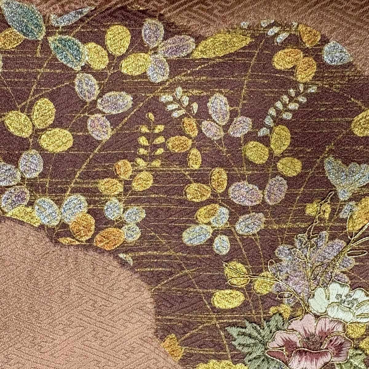 訪問着 身丈151.5cm 裄丈62.5cm S 袷 扇面 草花 刺繍 絞り 薄オレンジ 