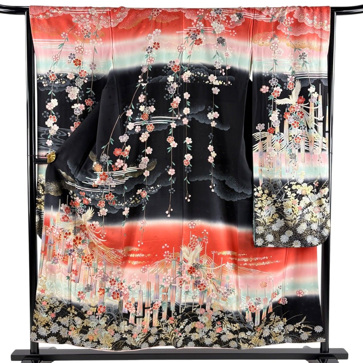 身丈155cm 茜色系 ちりめん シンプル 無地振袖 振袖 秀品 正絹 茜色 金糸 刺繍 桜 尾長鳥 袷 M 裄丈66.5cm 身丈154cm 着物・浴衣