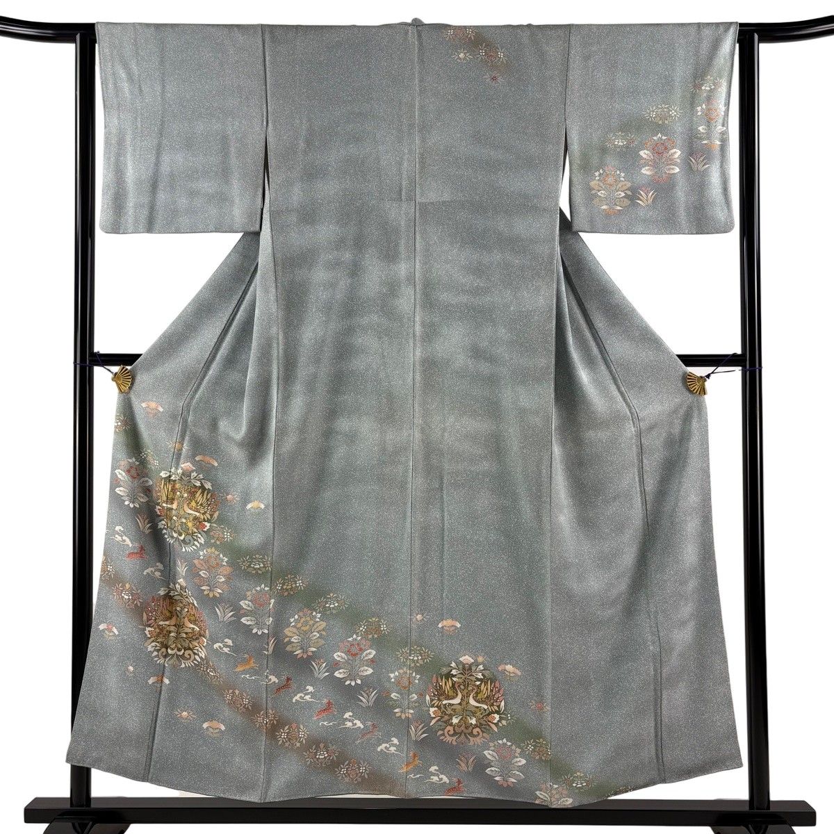 訪問着 身丈153cm 裄丈63.5cm S 袷 向かい鳥 草花 金彩 ぼかし 青灰色 正絹 秀品 【中古】