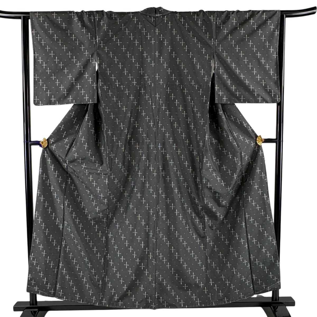 【美品】 紬 身丈156cm 裄丈64cm M 袷 絣柄 灰色 正絹 秀品 【中古】