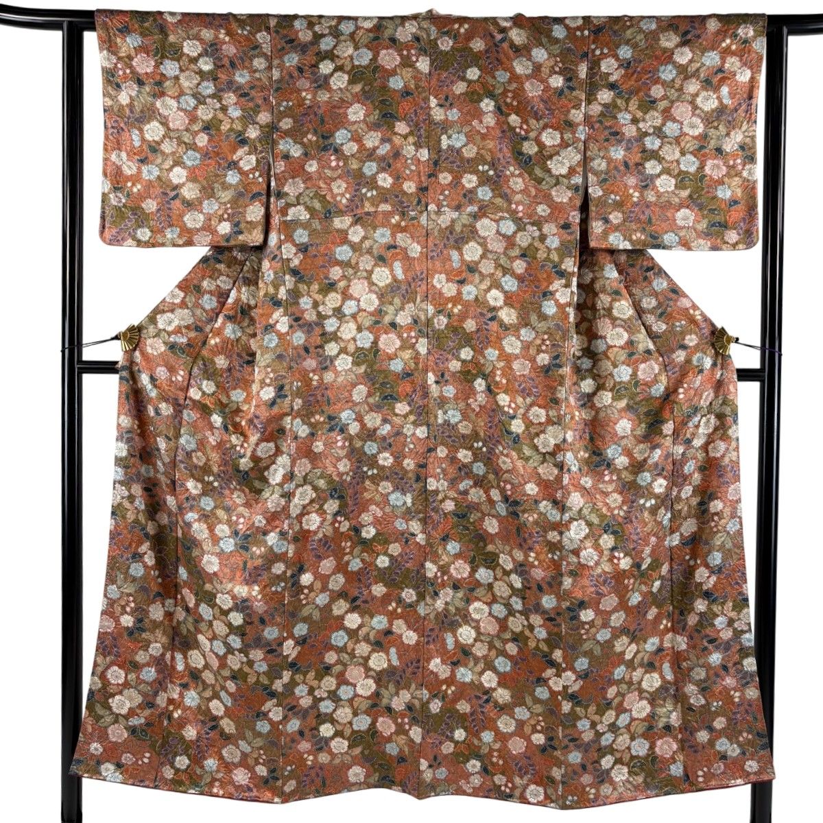 小紋 身丈150cm 裄丈62.5cm S 袷 辻が花柄 地紋 金彩 赤茶 正絹 秀品 【中古】