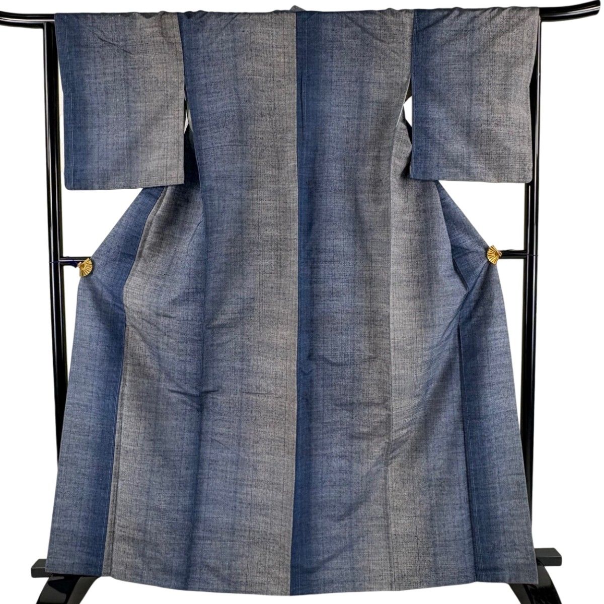 【美品】 紬 身丈164.5cm 裄丈66cm M 袷 落款 証紙 縦縞 青灰色 正絹 秀品 【中古】