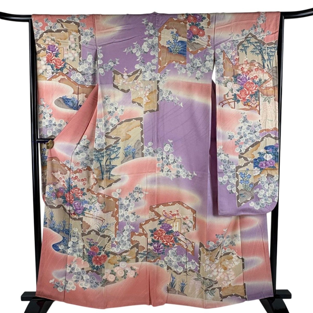 振袖 身丈161cm 裄丈66cm M 袷 屏風 花車 ぼかし 金彩 ピンク 正絹 秀品 【中古】
