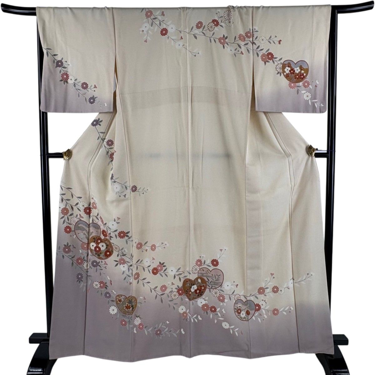 訪問着 身丈164cm 裄丈66.5cm M 袷 団扇文 菊 金彩 ぼかし ベージュ