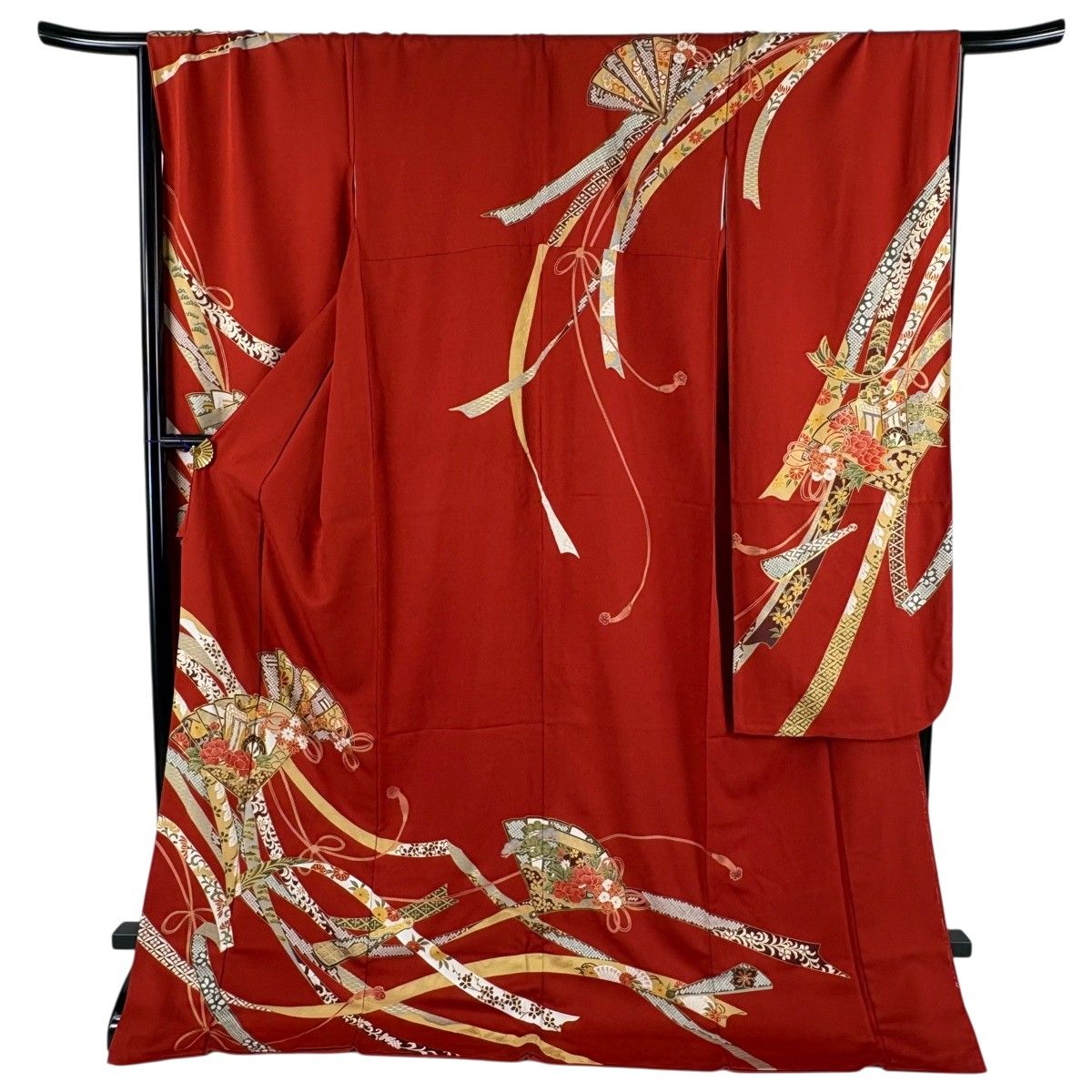 振袖 身丈177cm 裄丈68.5cm L 袷 桧扇 御所車 金糸 金彩 赤 正絹 秀品 【中古】
