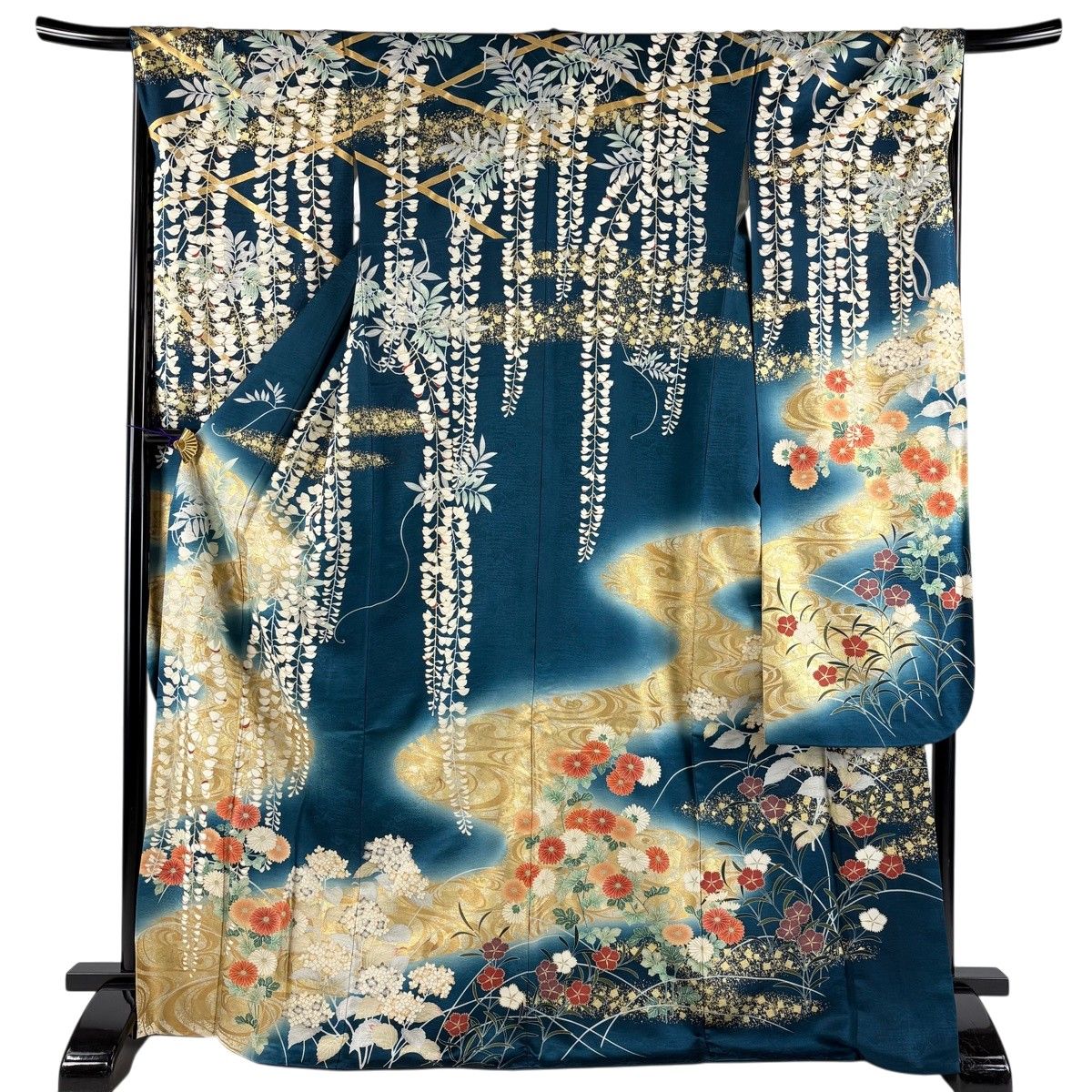 振袖 身丈171.5cm 裄丈66.5cm M 袷 ますいわ屋 藤 流水 金彩 ぼかし 青緑 正絹 秀品 【中古】