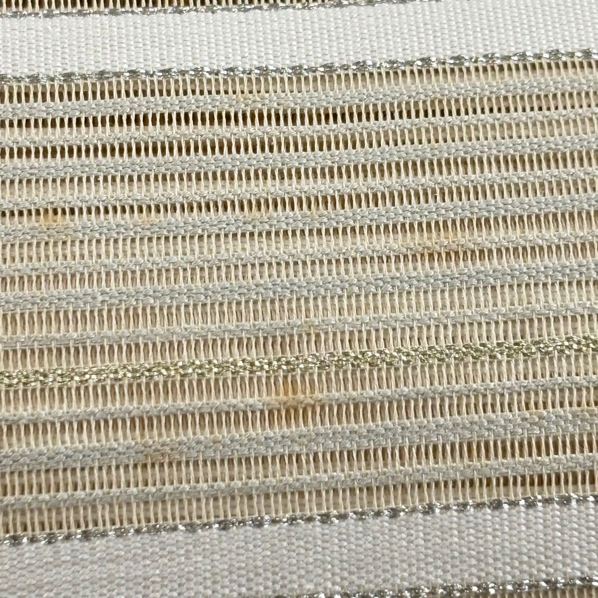 美品 名古屋帯 名品 夏帯 七宝 縞 箔 銀糸 白 正絹 中古 成謙 「