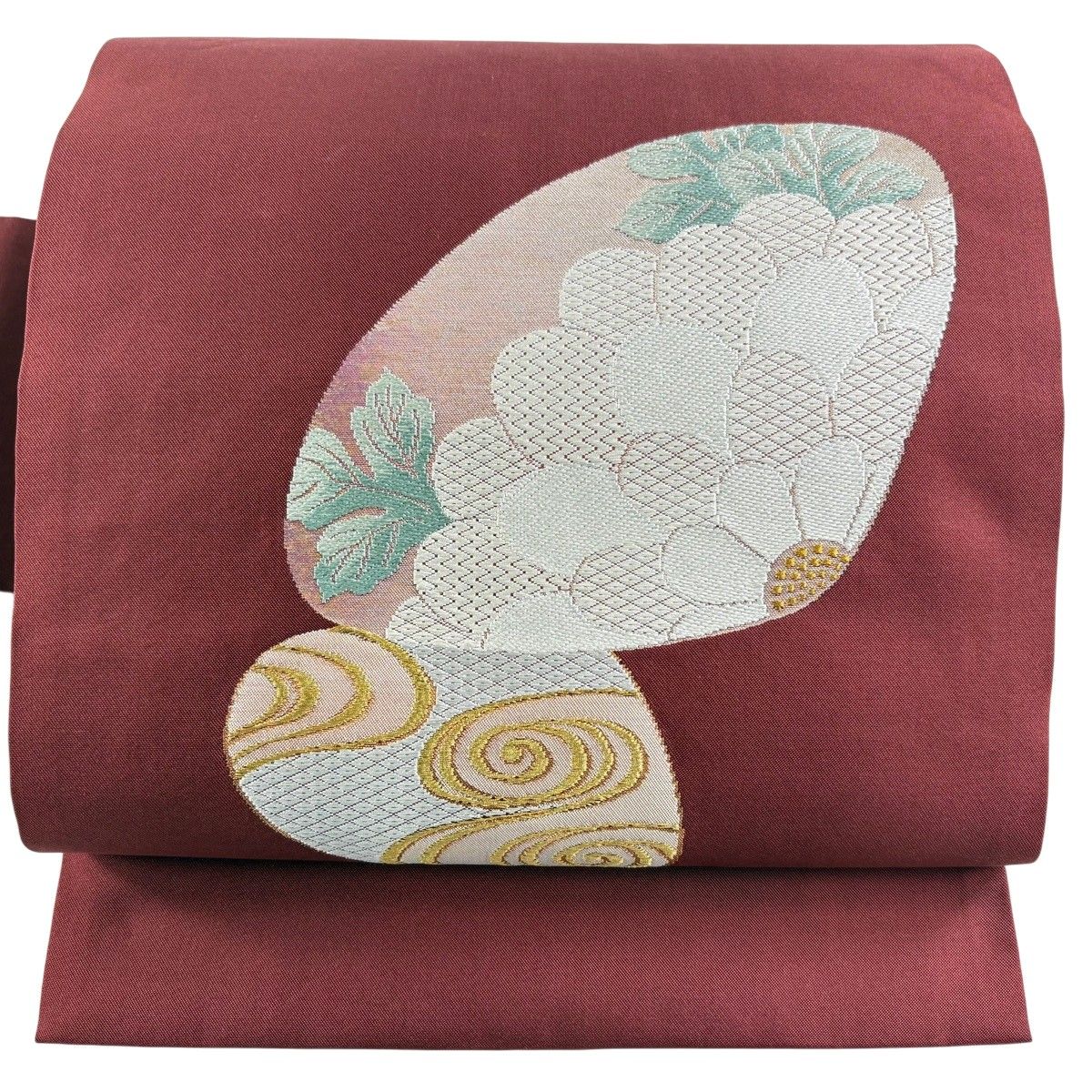 美品】 名古屋帯 優品 貝合わせ 菊 唐織 金糸 えんじ色 正絹 【中古 