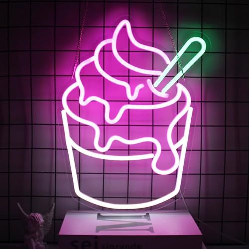 アイスクリームネオンサイン ピンク ホワイトLED ネオンライトサイン ビジネスの壁の装飾カップケーキネオンサイン 寝室のデザート ショップ レストラン ストア バーデコレーション用アイスクリームネオン看板 国内発送