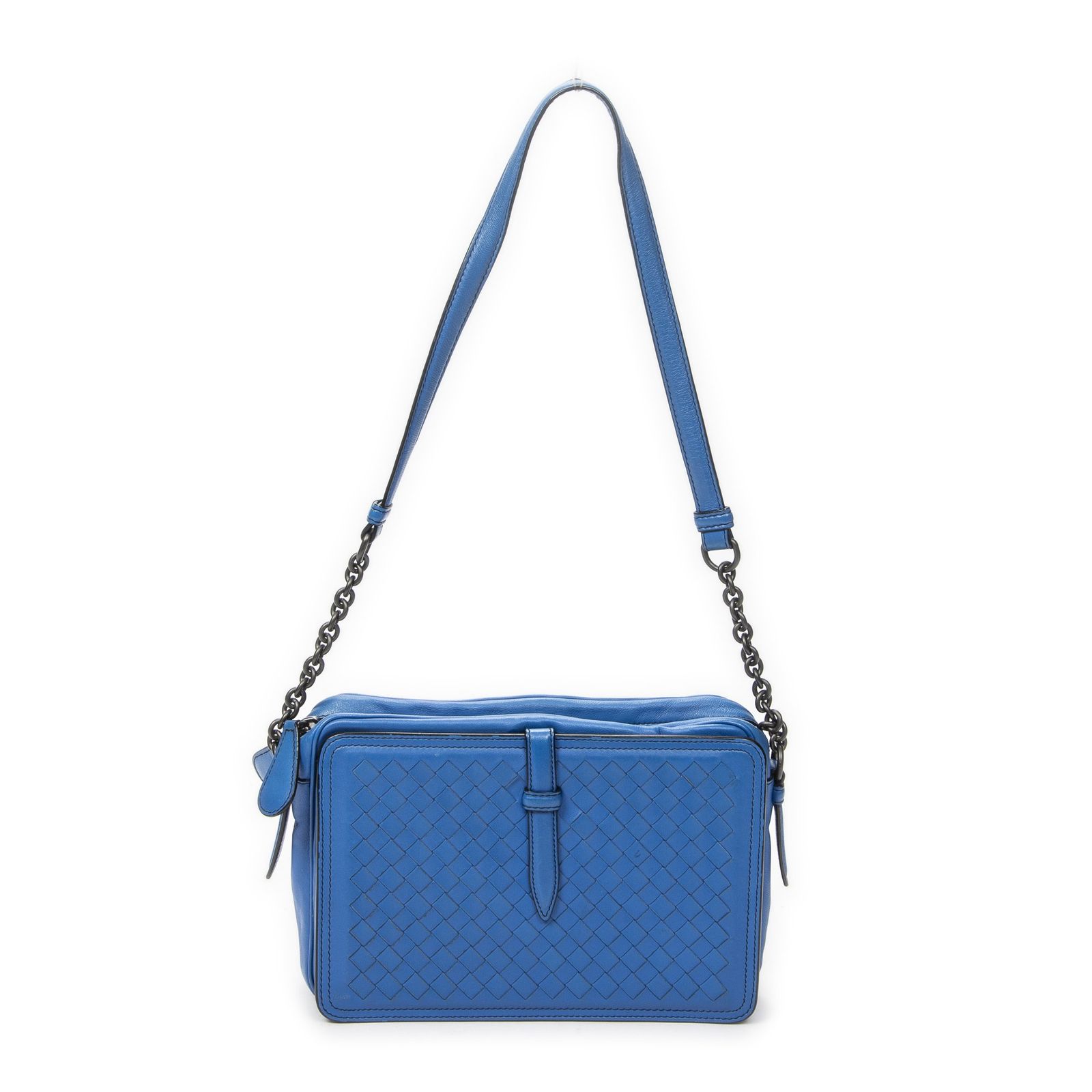 [中古] BOTTEGA VENETA ボッテガヴェネタベルトフラップ カメラバッグ青イントレチャートレザーA
