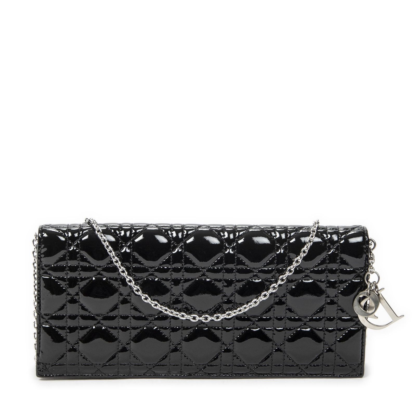 [中古] DIOR ディオールレディ ディオール チェーン クラッチ黒カナージュ パテントレザーA