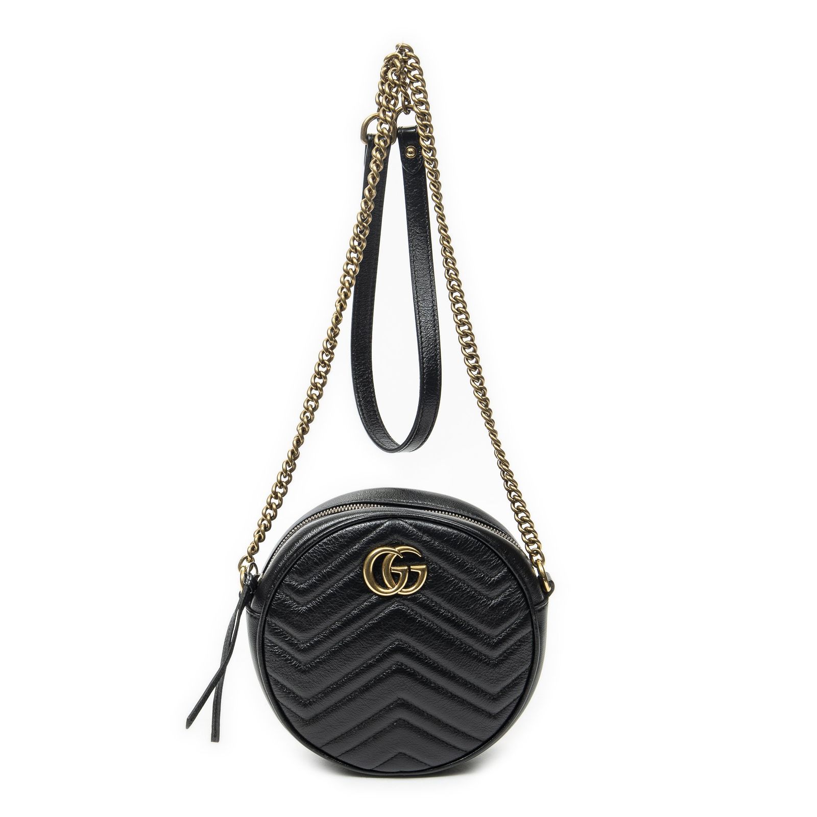 [中古] GUCCI グッチスモール GG マーモント チェーン クロスボディ黒マトラッセシェブロンレザーA