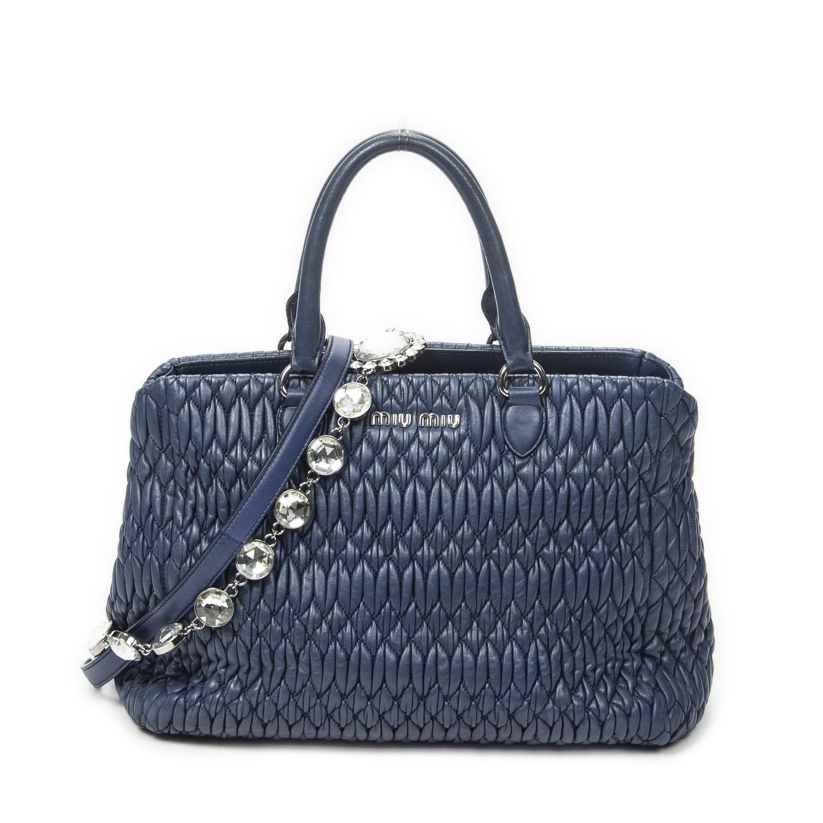 [中古] MIU MIU ミュウミュウスクエア クリスタル トート青ナッパマトラッセレザーA