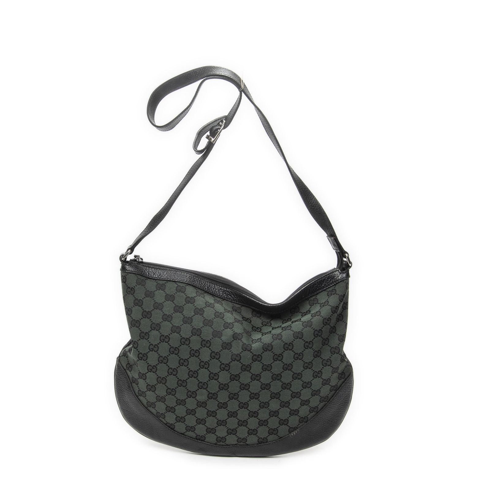 [中古] GUCCI グッチハーフムーン メッセンジャー黒、ダークグリーンGGキャンバスA