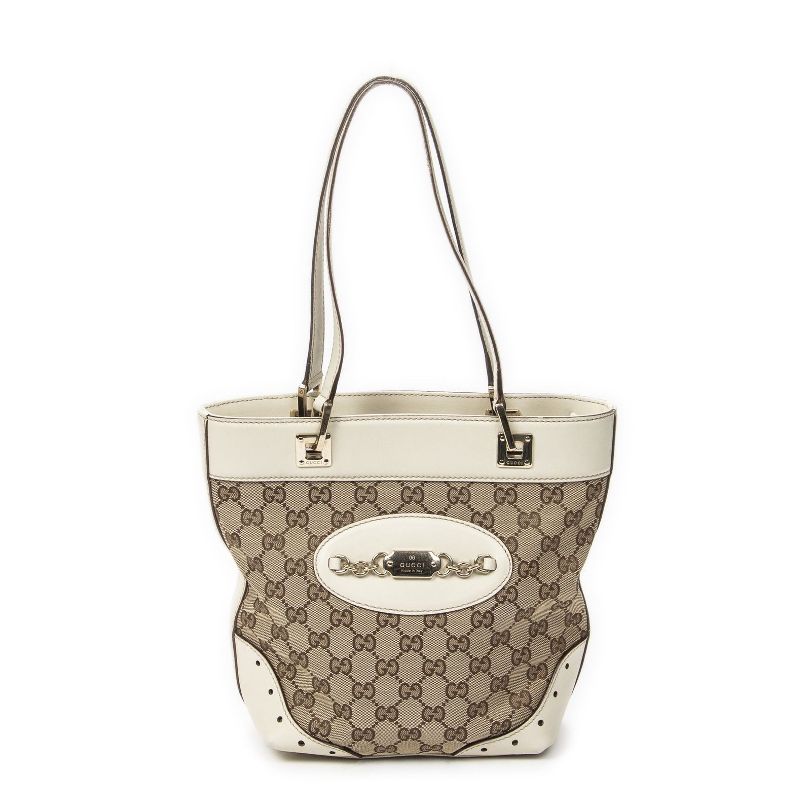 [中古] GUCCI グッチスモールパンチトートホワイト/ベージュGGキャンバスA