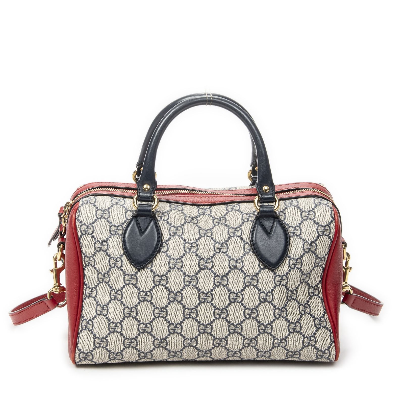 [中古] GUCCI グッチスモールボストンネイビー、ベージュ、赤スプリームPVCキャンバスA