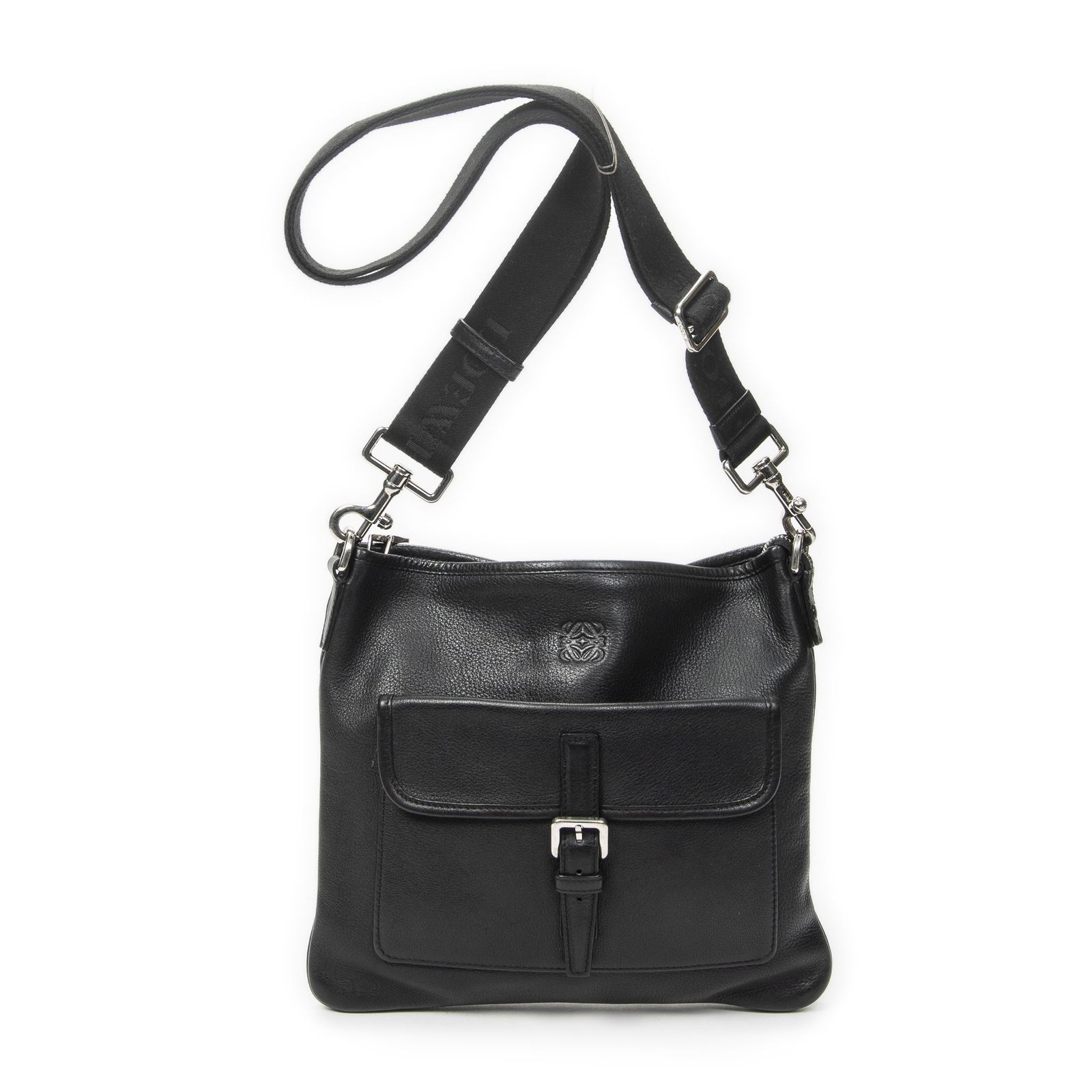 [中古] LOEWE ロエベアナグラム フロントポケット メッセンジャー黒グレインカーフスキンレザーA