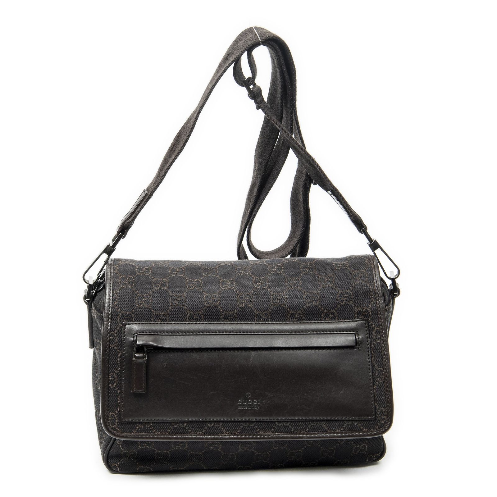 [中古] GUCCI グッチフロントポケットフラップクロスボディダークブラウンGGデニムキャンバスAB