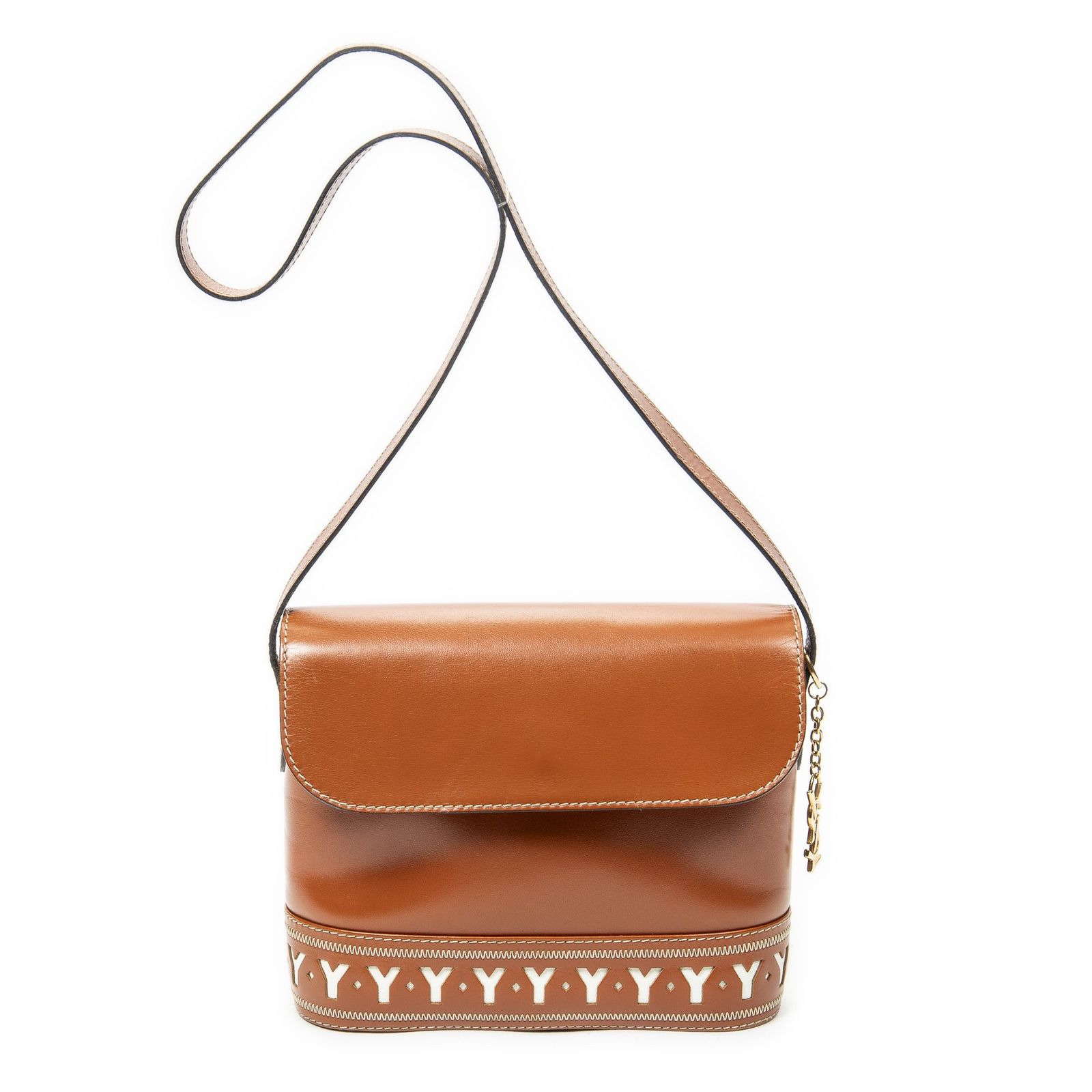 [中古] YVES SAINT LAURENT イヴサンローランフラップ クロスボディバッグ茶色カットアウトYレザーA