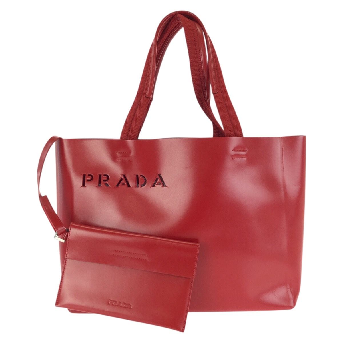 美品 PRADA プラダ ロゴ型抜き レッド シルバー金具 レザー トート