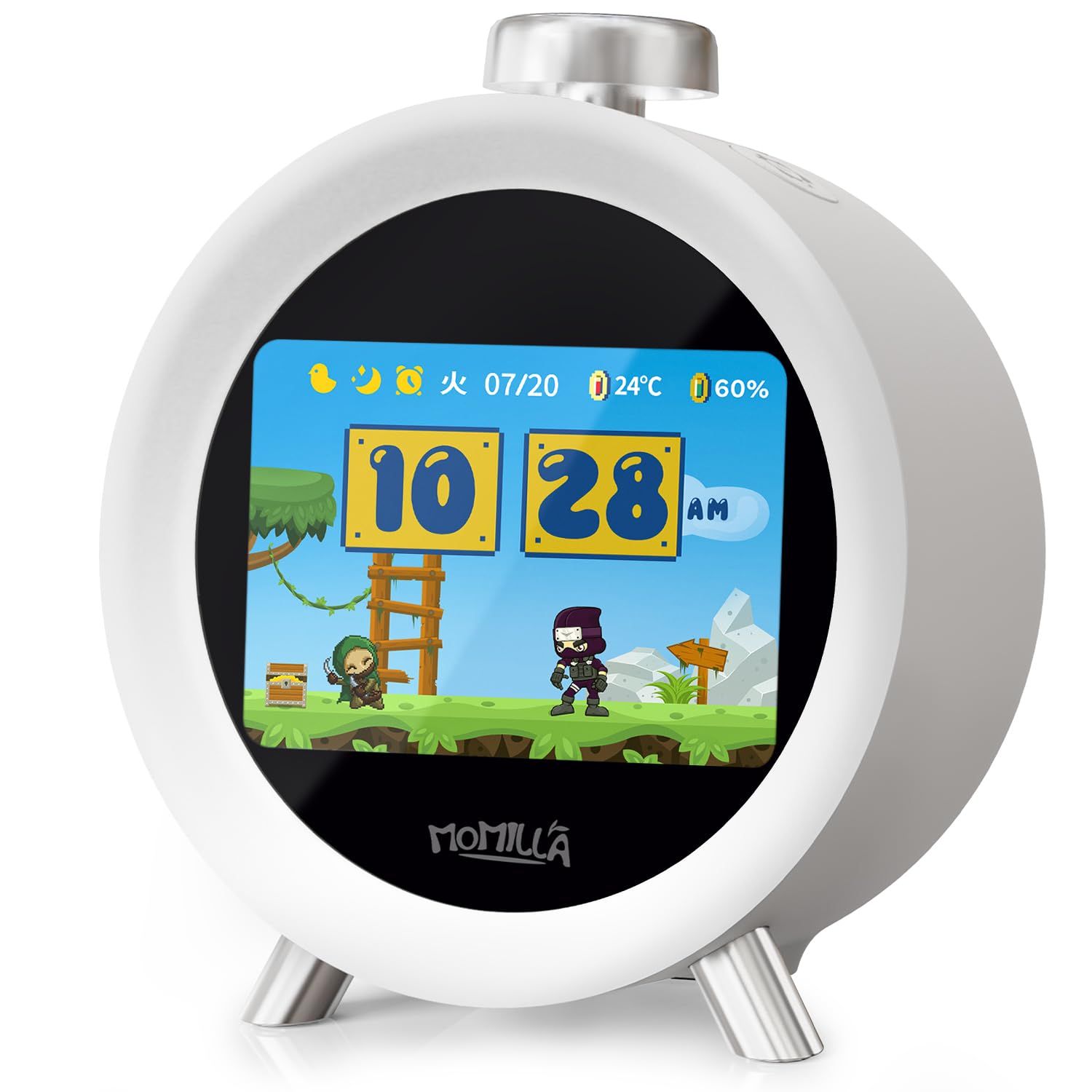 MOMILLA デジタル目覚まし時計 子供用｜可愛いデザイン 大音量｜2.8インチカラーLCD 置き時計｜4アラーム・ホワイトノイズ・スヌーズ付き｜入学祝い・新学期ギフトに最適 小学生向け｜USB給電式（Type-C） 国内発送