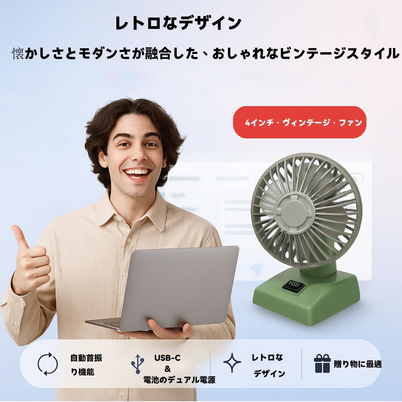 在庫処分 レトロミニ卓上扇風機 自動首振り 約60度 4インチ 2段階風量