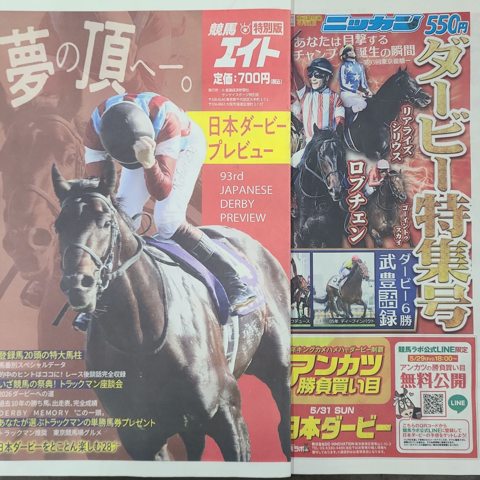 匿名！送料無料！ 競馬エイト特別版ダービー 、日刊ダービー特集号 2つ