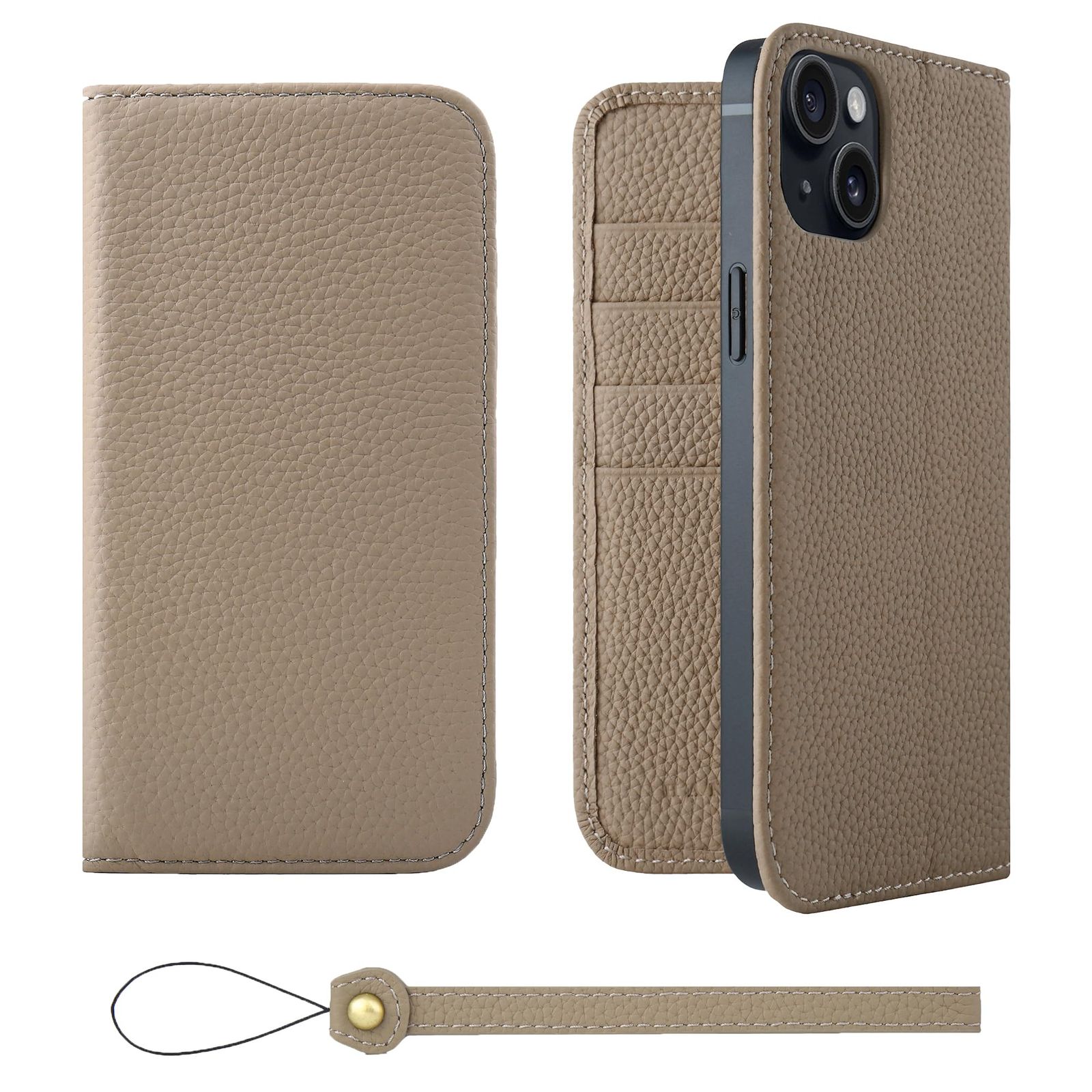 新品 HANATORA for iPhone 15Plus ケース 手帳型 本革 スマホケース スマホ スタンド ストラップ 付き シュリンクカーフレザー ベルトなし マグネットなし グレージュ H0XA-15Plus-Grege ギフト 誕生日 女性 男性