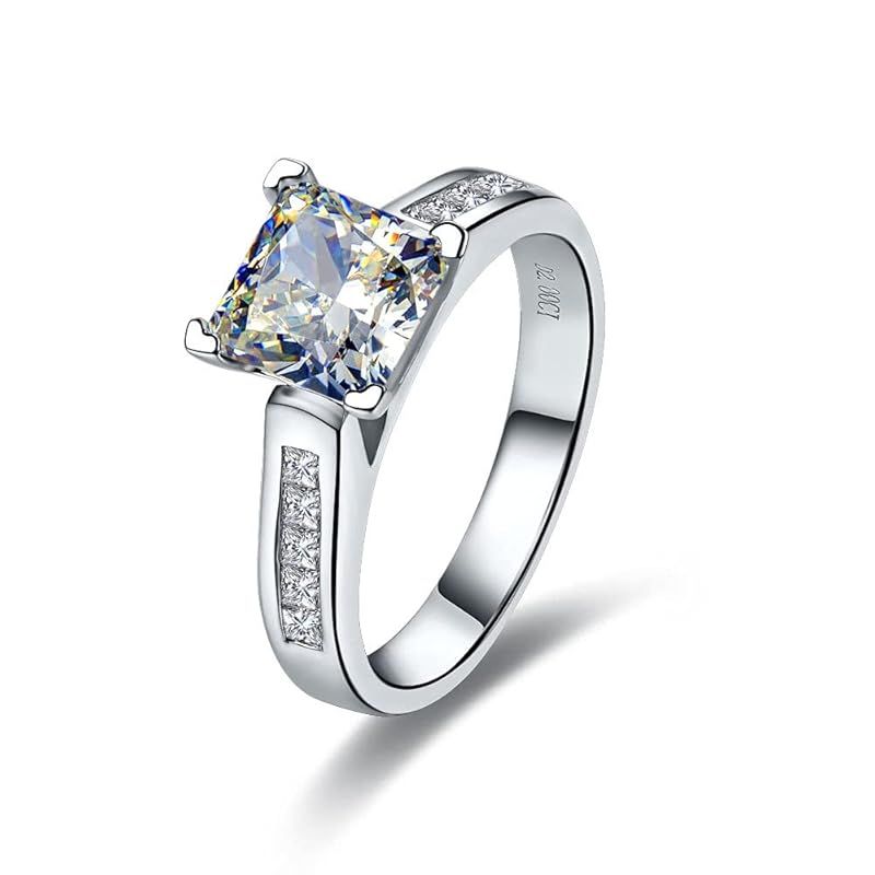 [THREE MAN] 7 * 7mm 2ctプリンセスカットエンゲージリング女性NSCDダイヤモンドの結婚指輪本物のシルバーホワイトゴールドメッキ 0