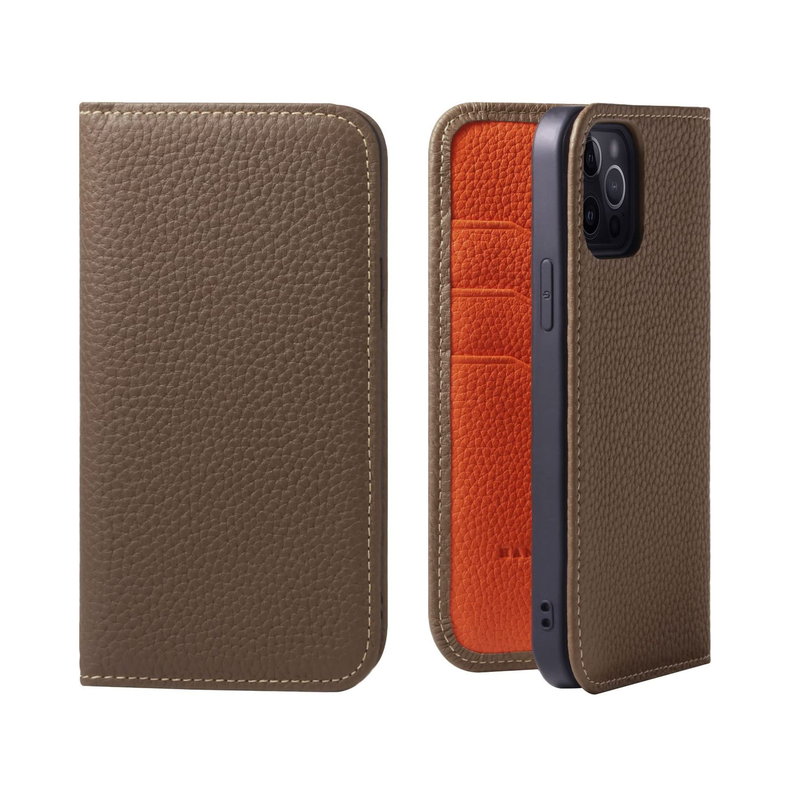新品 HANATORA for iPhone 13Pro ケース 手帳型 本革 スマホケース スマホ スタンド コードホルダー 付き シュリンクカーフレザー マグネットなし トープ + オレンジ PH-13Pro-Taupe-OG ギフト 誕生日 女性 男性