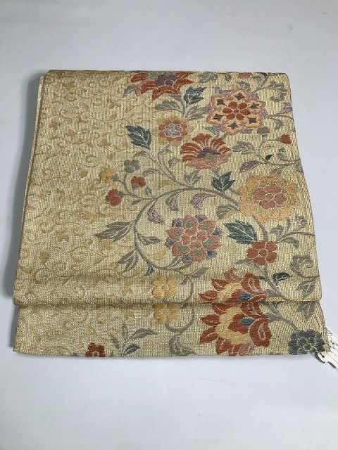 【中古】袋帯 正絹 ゴールド地に唐花文様