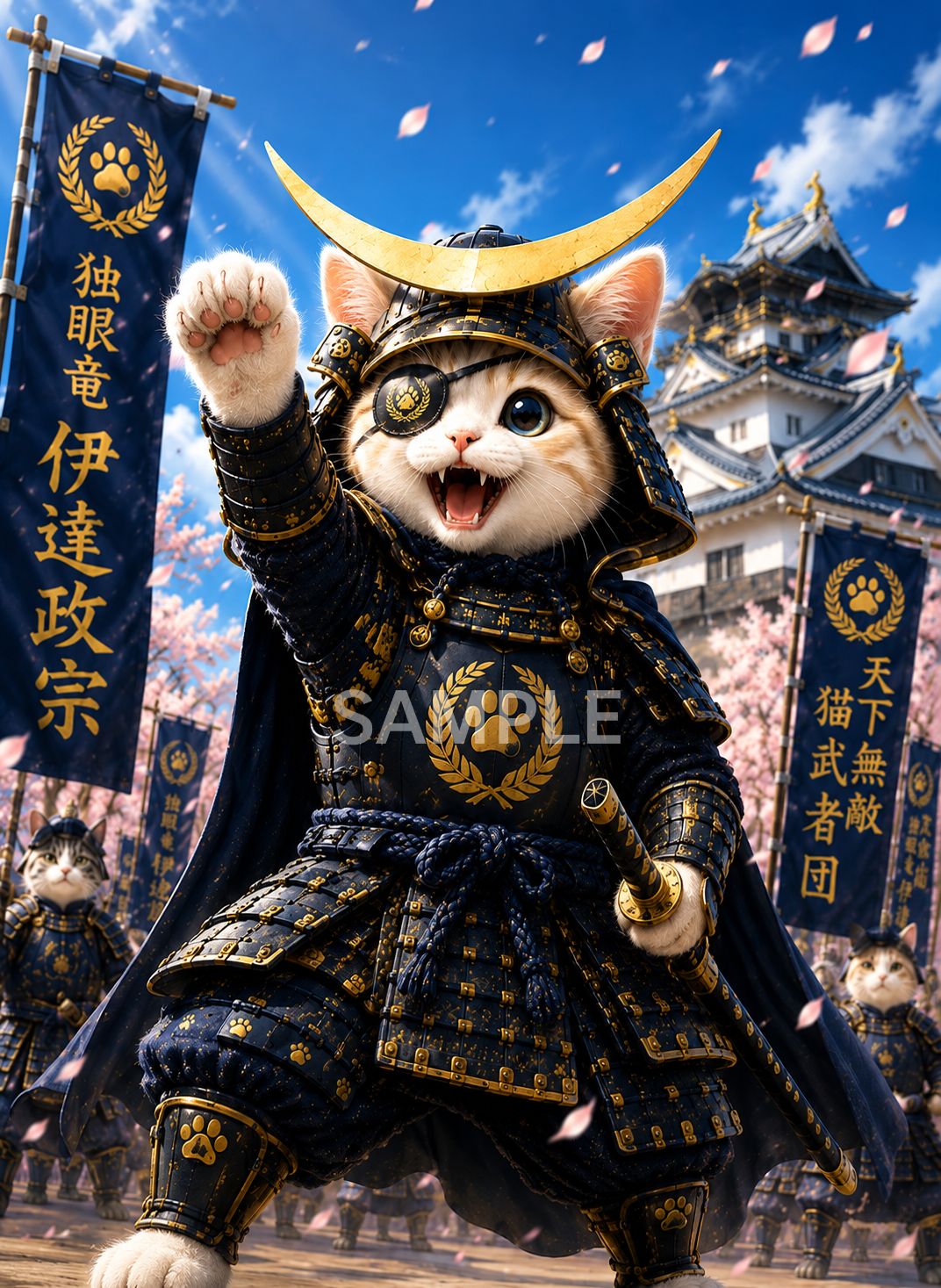 戦国武将ねこ 伊達政宗風 甲冑にゃんこ 独眼サムライ 和風ファンタジー